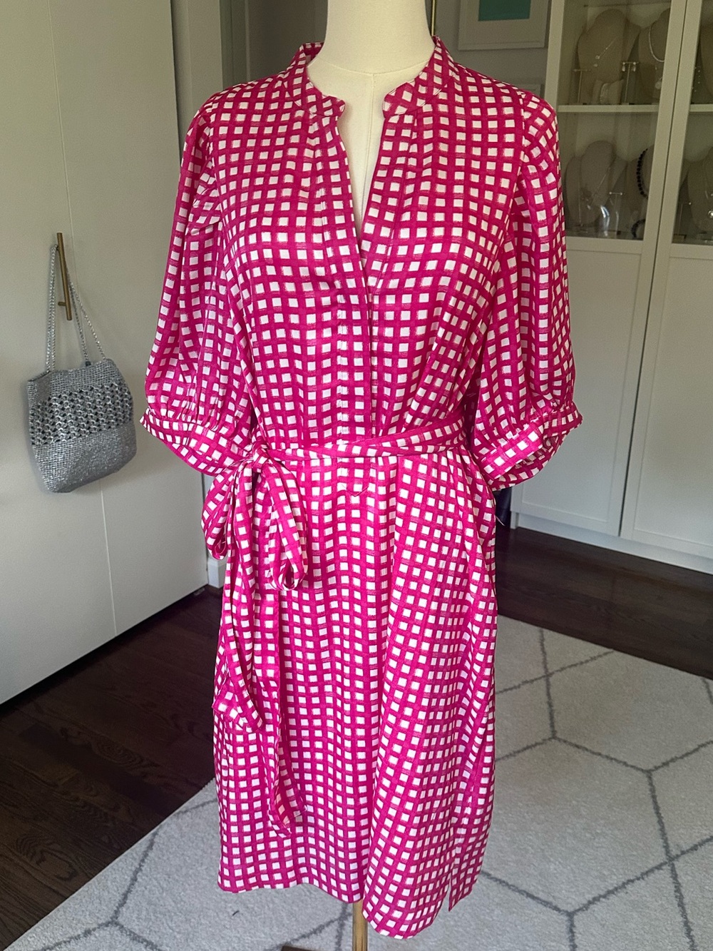 Like New Ann Taylor Gingham Belted Shirt Dress in pink flare
